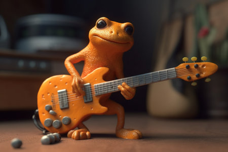Frog toy with electric guitar on wooden background. Close up.の素材