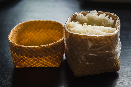 sticky rice in bamboo basketの写真素材