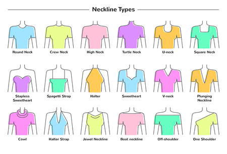 illustration set of various neckline types for women's' fashion. Eighteen neck lines in flat linear styleのイラスト素材