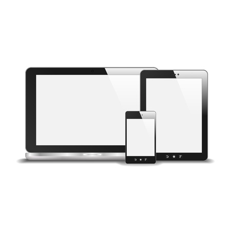 Realistic Notebook, Smart Phone And Tablet PC With Blank Screen  With Reflection  Isolated On White Background  のイラスト素材