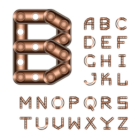 Steampunk Style Typeface. Latin Alphabet Made Of Bronze Elements Of Constructor. All The Letters Have The Same Height. Geometric Font. Uppercase Letters. Vector.のイラスト素材