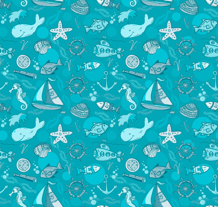 Cartoon hand-drawn seamless underwater pattern with fishes, whale, submarine and sailing ship. Soft color vector background.のイラスト素材