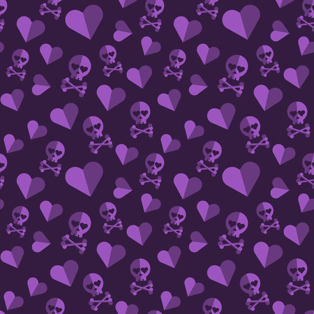 Skulls and hearts seamless pattern on a purple background. Vector Illustration.のイラスト素材