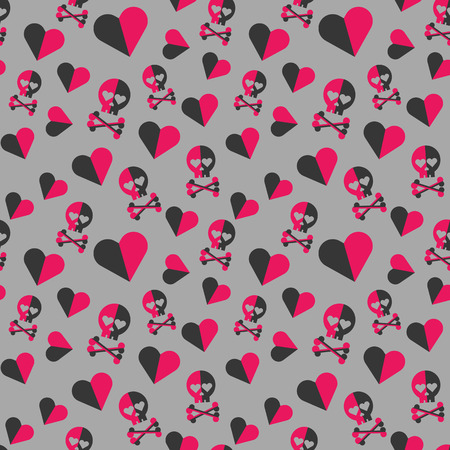 Skulls and hearts seamless pattern on a gray background. Vector Illustration.のイラスト素材