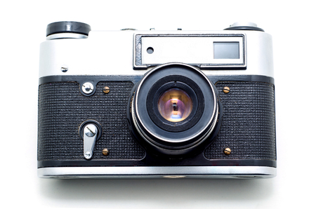 Old vintage film photographic camera isolated on white background.の写真素材