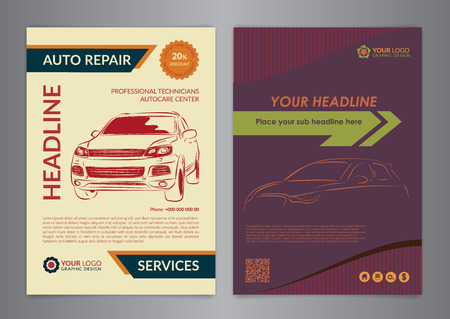 Set A4 auto repair business layout templates, automobile magazine cover, auto repair shop brochure, mockup flyer. Vector illustration.のイラスト素材