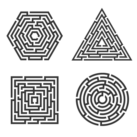 Set of 4 maze - square, circle, triangle, hexagon icon. Business concept. Labyrinth vector illustration.のイラスト素材