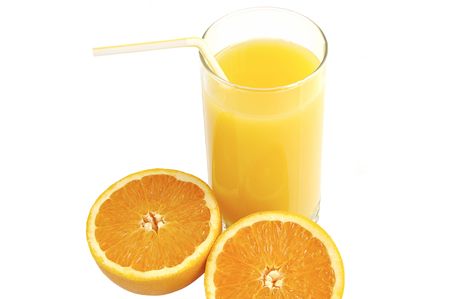 Glass of juice with slices of fresh orange isolated over white. の写真素材