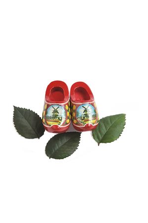 Miniature wooden shoes and green leaves isolated over white. 