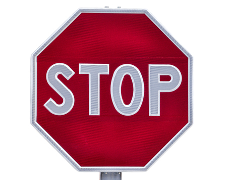 Octagonal road stop sign isolated over white with clipping path.の写真素材