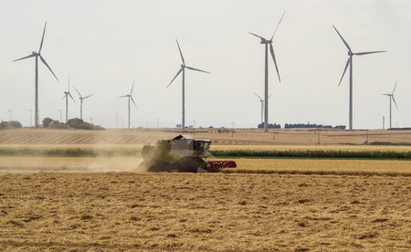 Threshing machine working on a summer field withwindmill blade background.の写真素材