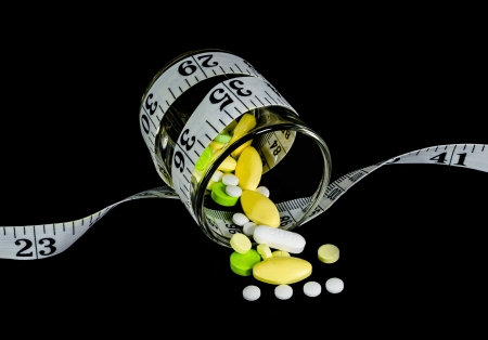 Many drugs in glass with tape measure の写真素材