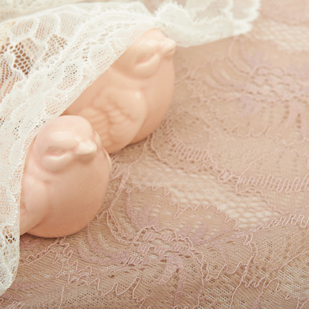 Ceramic bird statuette on a beige lace backgroundの写真素材
