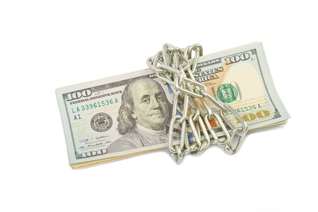 Hundred dollar bills in chains isolated on white backgroundの写真素材