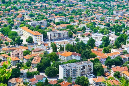 City view with mountains in Provadia in Bulgariaの写真素材