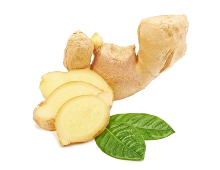 Fresh ginger with leaves isolated on white background