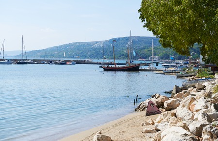 Overlooking the Black Sea and yachts on the quay in the town of Balchik in Bulgariaの写真素材