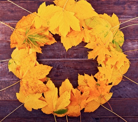 Autumn leaves over wooden background with copy space