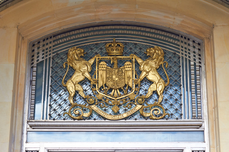 BUCHAREST, ROMANIA - DESEMBER 19, 2015. The National Art Museum, The Royal Palace. The National royal logo.のeditorial素材