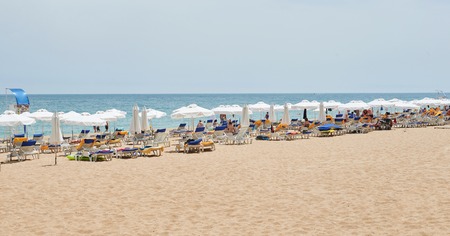 GOLDEN SANDS, BULGARIA - June 06, 2017: Beach scene at the Golden Sands coastal resort in Bulgariaのeditorial素材