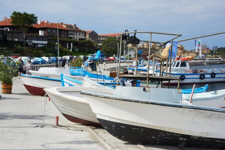 NESEBAR, BULGARIA - SEPTEMBER 17, 2018 pleasure and fishing boats in the bay of the ancient town of Nessebar, Bulgaria.のeditorial素材