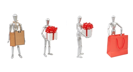 Set of Silver mannequin human model with gift box on white background with labels on the neckの写真素材