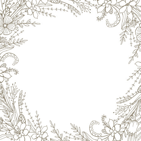 Round frame with flowers and herbs in neutral colorのイラスト素材