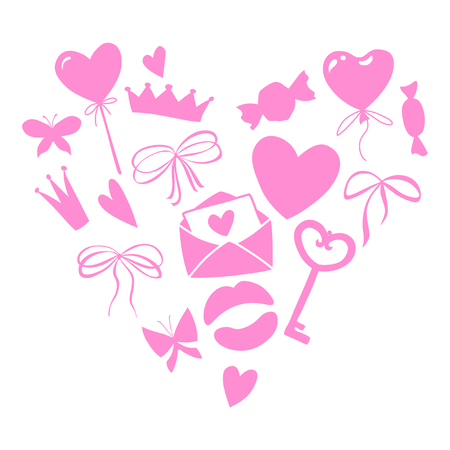 Valentines day set, heart shape made of objects for concept and design, vector illustration flat, pink. Heart, key, bow, crown, butterfly, sweets, love letter on white background.のイラスト素材
