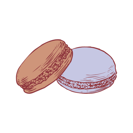 Delicious hand drawn french macarons. Engraving style pen pencil painting retro vintage vector lineart colored illustration on white background. Sweet cookies.のイラスト素材