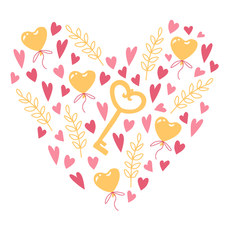 Valentines day heart shape made of objects for concept and design, vector illustration flat, pink and gold. Hearts, key, heart shape balloon and herbs on white background.のイラスト素材