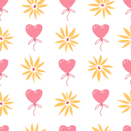 Pretty simple pattern with balloons, flowers and hearts, seamless texture with colorful illustrations of balloons. Vector background for St Valentine decoration.のイラスト素材