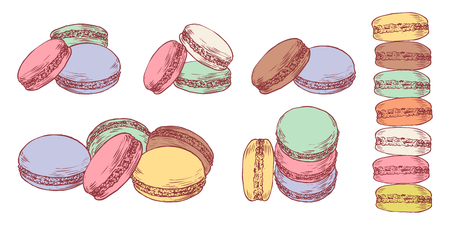 Set of delicious hand drawn french macarons in different compositions. Engraving style pen pencil painting retro vintage vector lineart colored illustration on white background. Sweet cookies.のイラスト素材