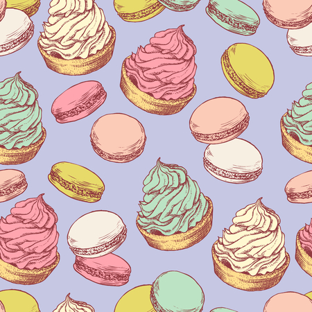 Seamless pattern with hand drawn creamy biscuit and french macaroons. Hand drawn vector illustration in vintage engraving style on blue background. Sweet colorful dessert.のイラスト素材