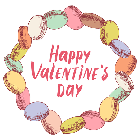 Colorful vector vintage frame with french macaroon cookies with letterin Happy Valentines Day, isolated on white background.のイラスト素材