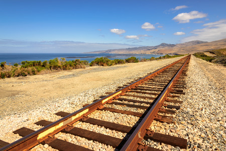 Beach Railroad Tracks Leading from Left to Right, along the California coastの写真素材