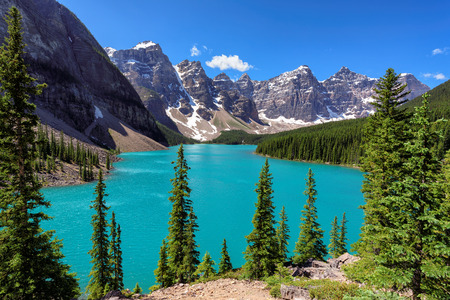 Beautiful turquoise waters of the Moraine in Canadian Rockies, Banff National Park of Canadaの写真素材