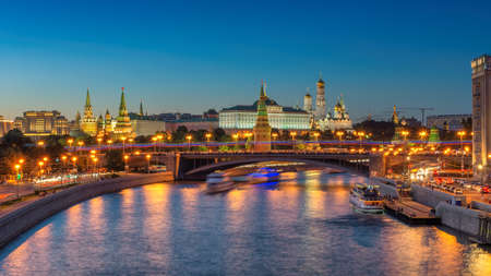Moscow Kremlin skyline in summer twilight, illumination on Moscow river and Kremlin, Moscow, Russia.の写真素材