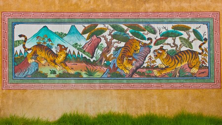 wall painting tiger picture in templeのeditorial素材