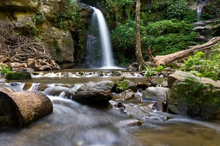 Two floor Waterfall in evening at north of Thailandの写真素材