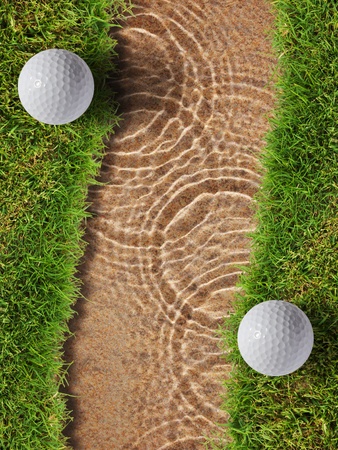 Two golf ball on fresh green grass near water bunker in golf courseのeditorial素材