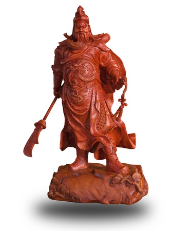 Wood carved Of Guan Yu in chinese temple isolated on white with cliping pathの写真素材