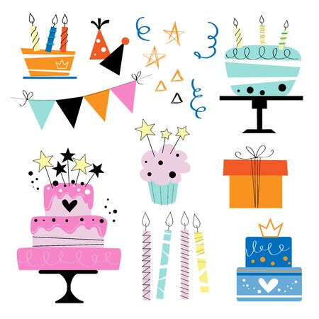 A collection of birthday cake. Vector flat style illustration on a white background isolatedのイラスト素材