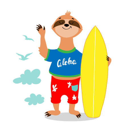 Beautiful sloth holds a surfboard on a white backgroundのイラスト素材
