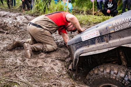 LUBOTIN, UKRAINE - JULY 23, 2016: RFC Ukraine Wild Boar Challenge 2016. Team on Toyota LandCruiser Prado 70 using sand tracks.のeditorial素材
