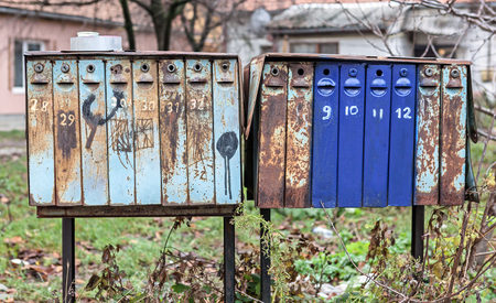 Close up of old vintage mail boxes.の写真素材
