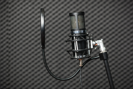 Professional condenser studio microphone against foam acoustic panels.の写真素材