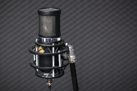 Professional condenser studio microphone against foam acoustic panels.の写真素材