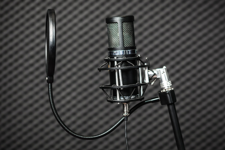 Professional condenser studio microphone against foam acoustic panels.の写真素材