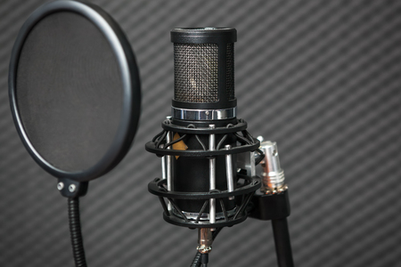 Professional condenser studio microphone against foam acoustic panels.の写真素材