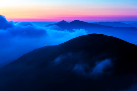 Sunrise over the Carpathian mountains, view from mountain Bliznitsya Velika 1881 m. Dragobrat, Ukraine.の写真素材